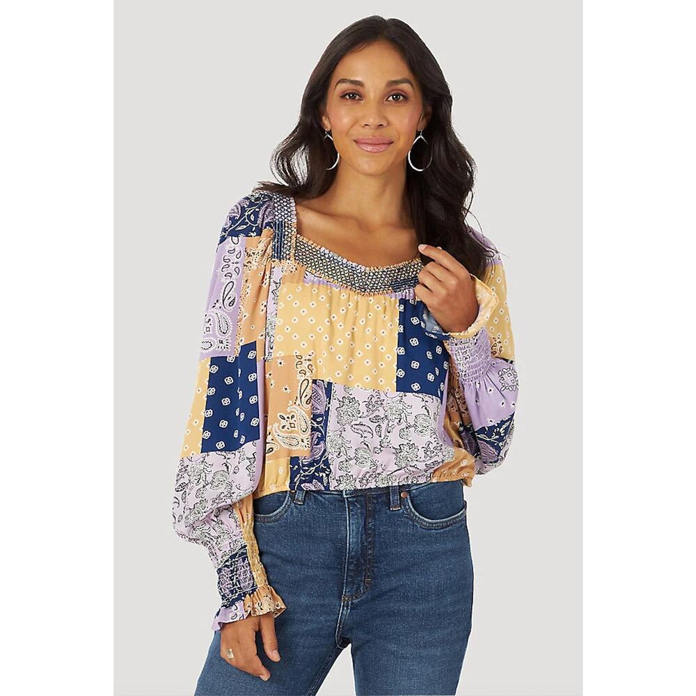 Wrangler Retro Patchwork Peasant Top XL Western Boho
